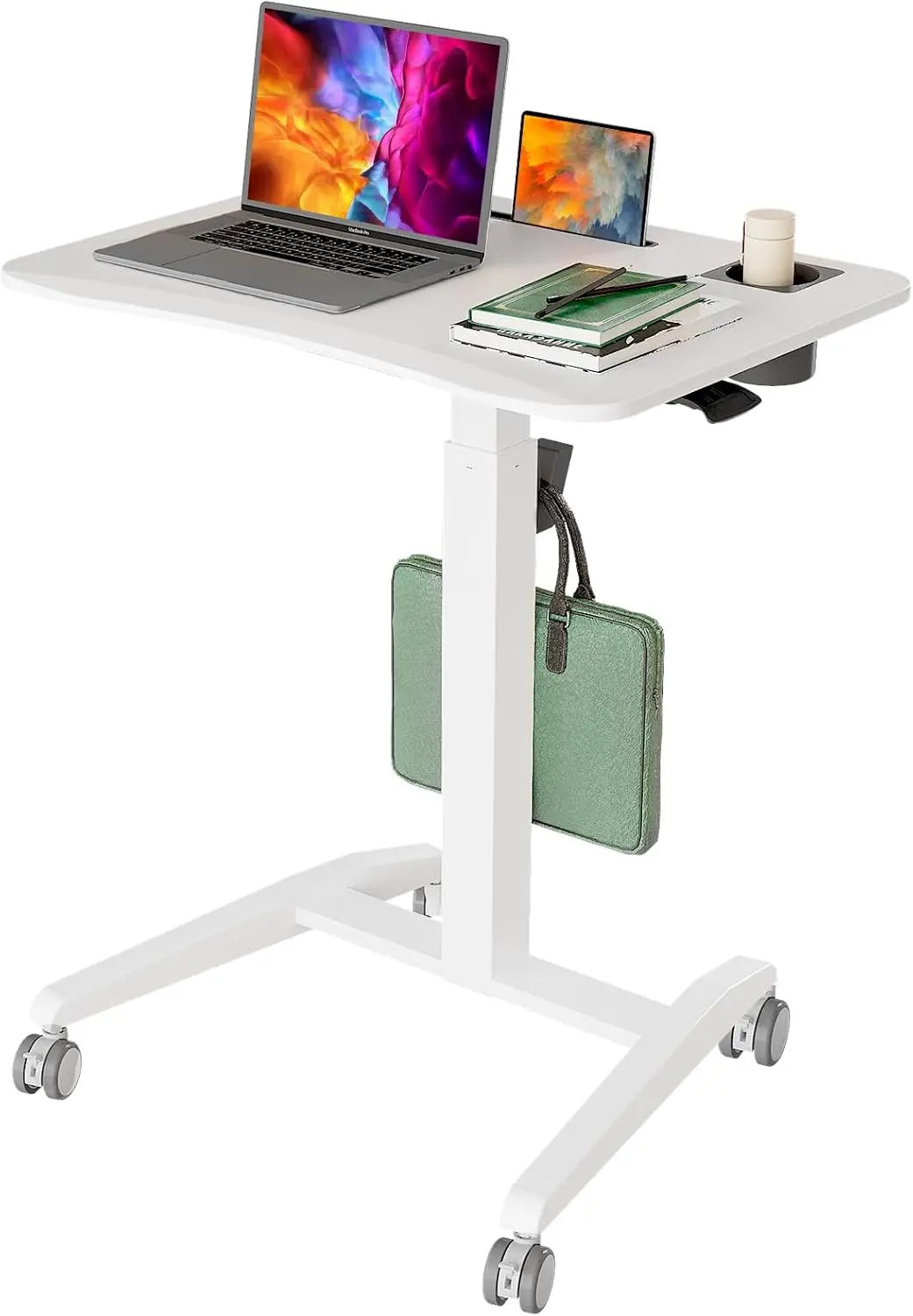 Portable 27-Inch Pneumatic Height-Adjustable Standing Desk on Lockable Wheels, White – Mobile Rolling Laptop Cart with Cup Holder, Storage Slot, and Utility Hook, Ideal Teacher Workstation for Classrooms