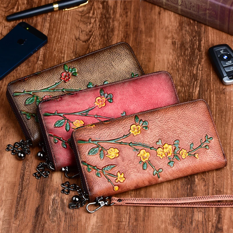 Billeteras Vintage con relieve para mujer, cartera larga con cremallera, monedero, tarjetero, bolso de mano de cuero genuino