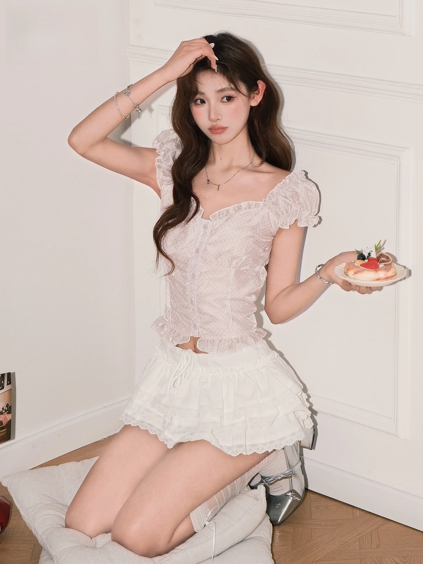 

Pink Polka Dot Short Sleeve Shirt Women's Slim Fit Sweet Style Top Button up Casual Design Summer New Arrival