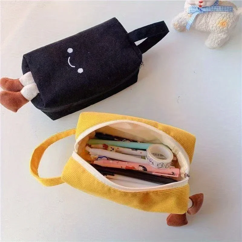 Koreaans zacht flanellen etui met borduursel - schattig smileygezichtontwerp 3D-handvat met grote capaciteit en zijzakken