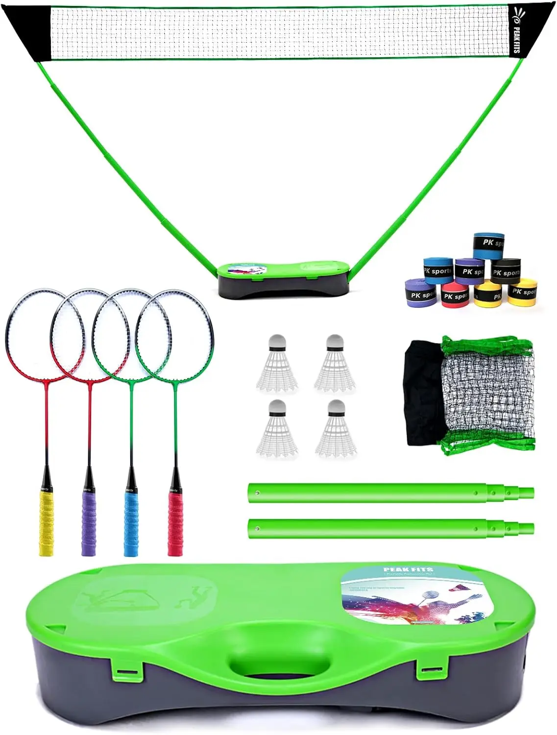

Portable Badminton Net Set with 4 Rackets, Shuttlecocks, and Grip Tape for Family Outdoor Sports