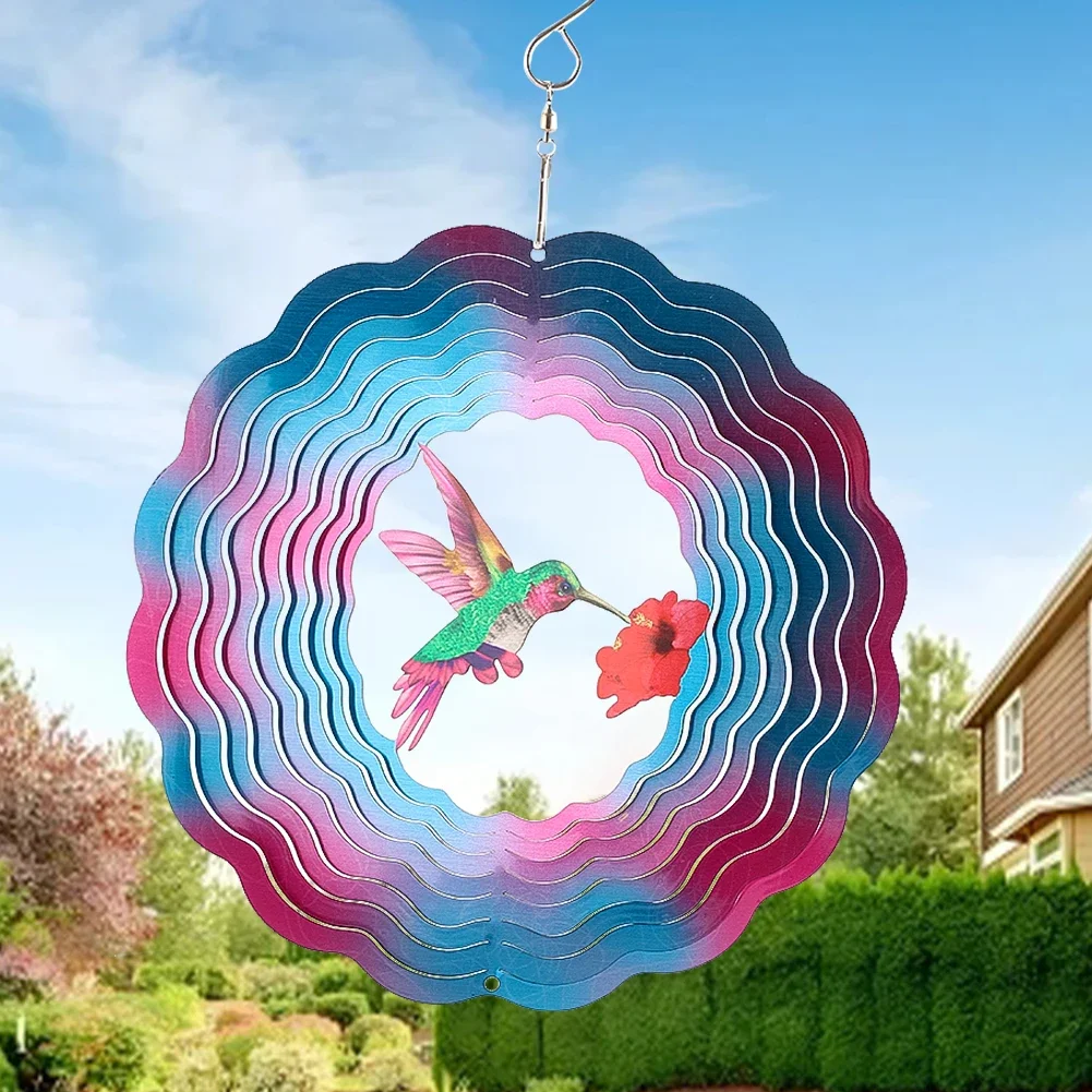 Stainless Steel Colorful Hummingbird Wind Chime Outdoor Patio Hanging Decoration Rotating Mirror Wind Spinner Suncatcher