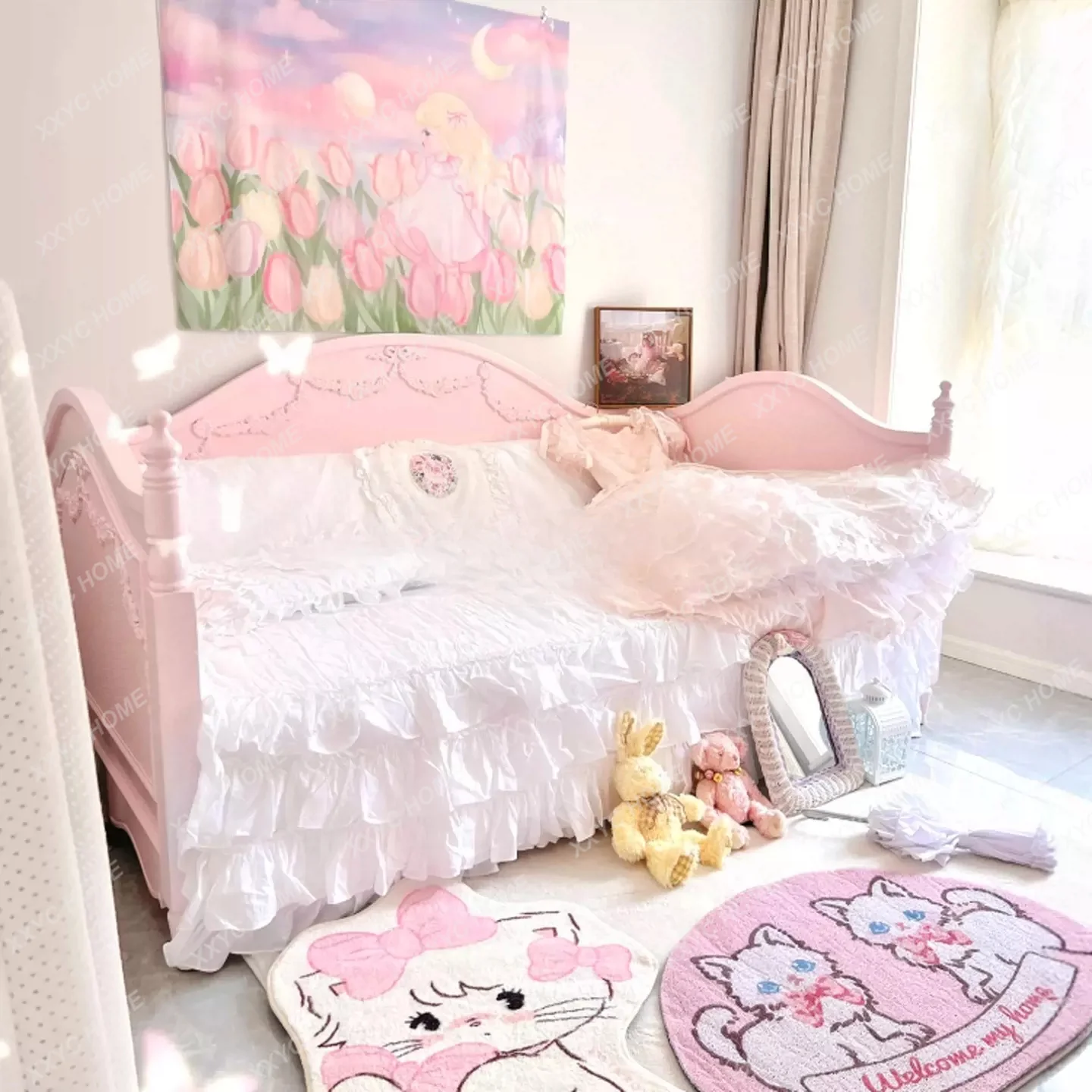 bed solid wood carving flower bow children tenyi bed girl dream pink girl bedroom sofa bed