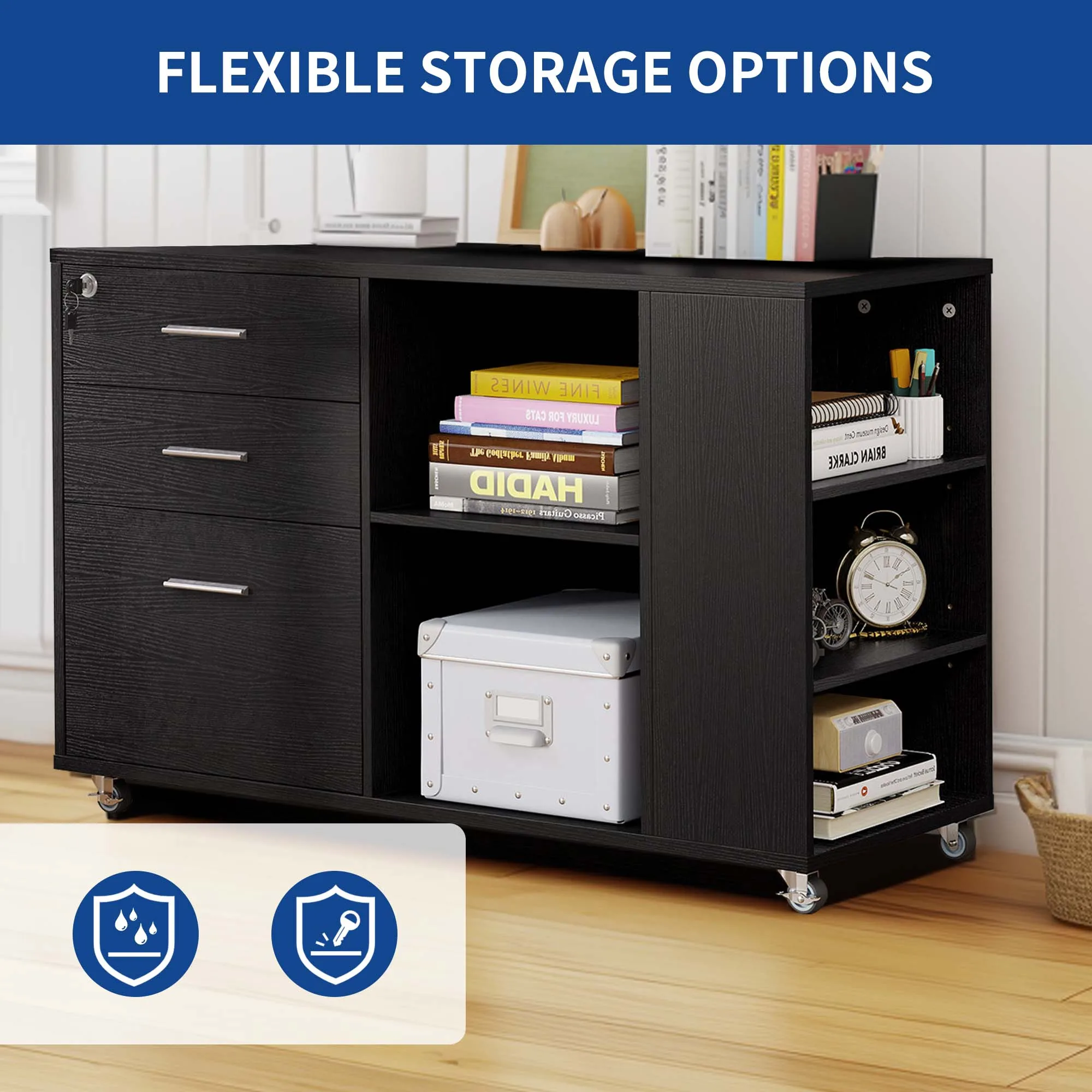 Mobile File Cabinet 3 Drawer Lateral Filing Cabinet w/ Open Side Storage Shelves