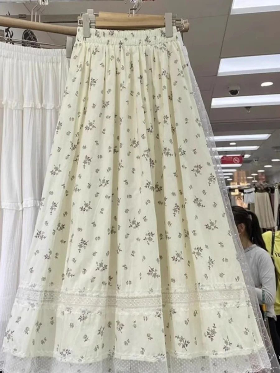 Spódnica Plus Size 300 Pou Koreańska Słodka Kwiatowa Koronkowa Łączona Spódnica dla Puszystych MM Pasująca do Wszystkiego Spódnica A-Line Maxi Dr