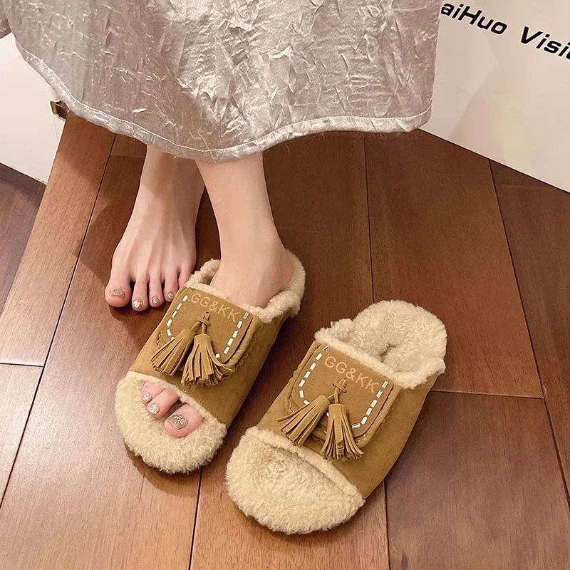 Thick Bottom Open Toe with Velvet Warm Fringe Wear Waterproof Table Outside The Home All Comfortable Non-slip Women's Slippers