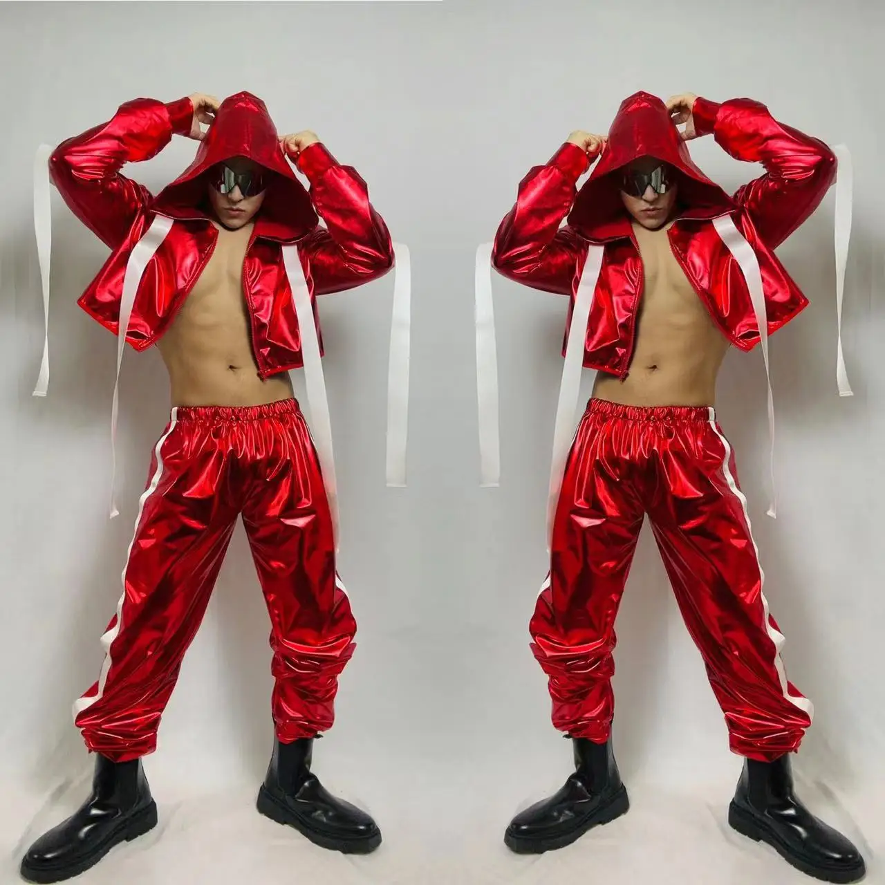 

Red Nightclub Hip Hop Dancing Clothes Sexy Pole Dance Costume For Muscle Male Hoodie Pants Bar Dj Gogo Dancer Outfit VDB6472