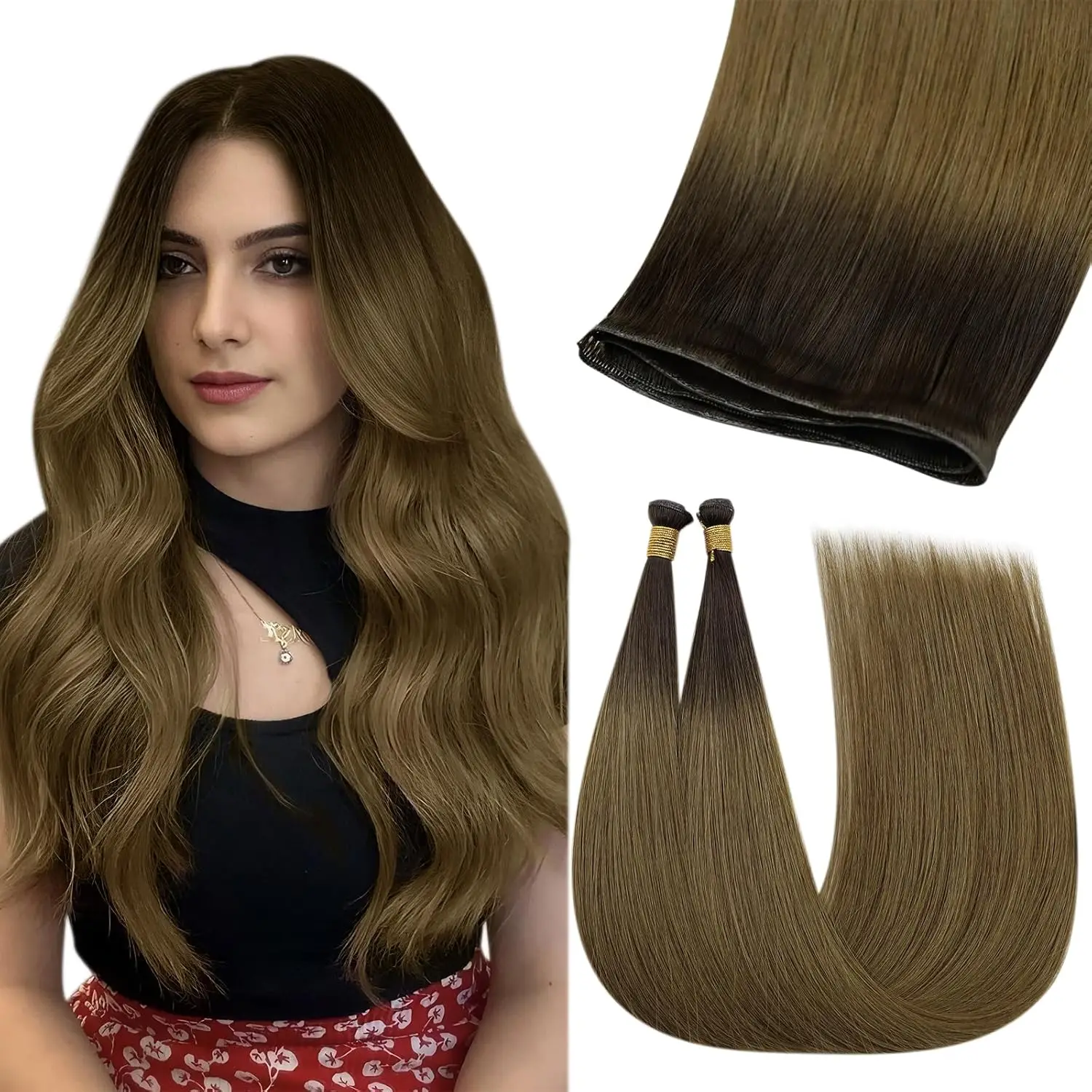 

YoungSee Virgin Genius Weft Extensions Ombre Brown Sew in Hair Extensions Soft and Smooth Human Hair For Woman 14-24inches