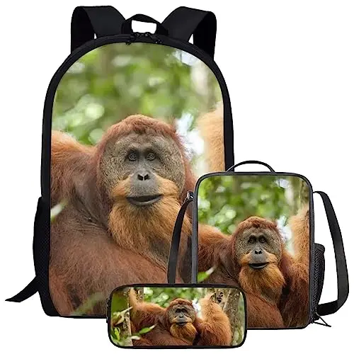 Brown Monkey Cute Print Backpack Girls Boys School Bag Set for Leisure Entertainment Travel Daypack with Lunch Bag Pencil Case