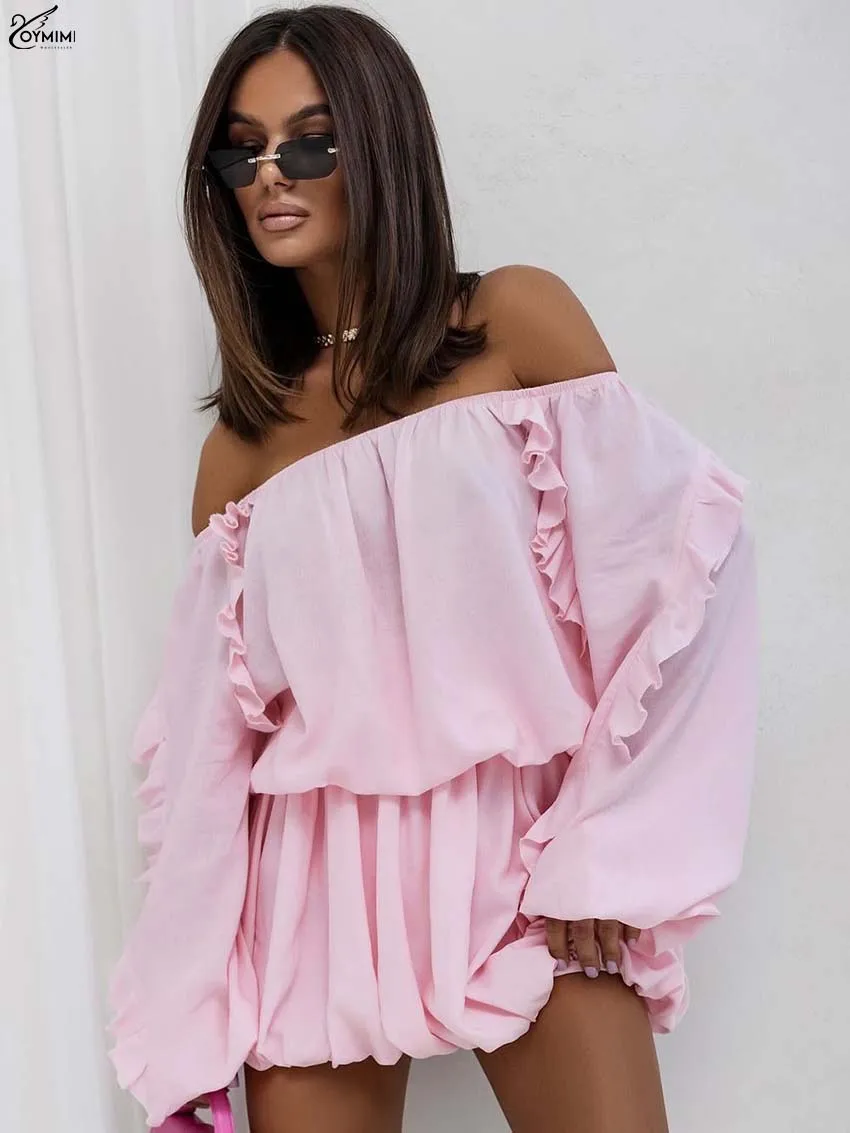 طقم مكون من قطعتين من القطن الوردي على الموضة من Oymimi للسيدات أنيق بدون حمالات وأكمام طويلة مكشكشة ومجموعة تنانير صغيرة بطيات عالية الخصر #3