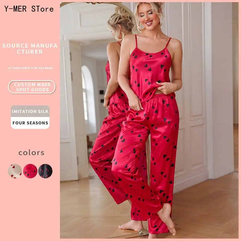 Elegant Ladies Heart Pattern Ice Silk Sleepwear Summer Breathable Thin Strap Cami Top Long Trousers Home Loungewear Pajama Suit