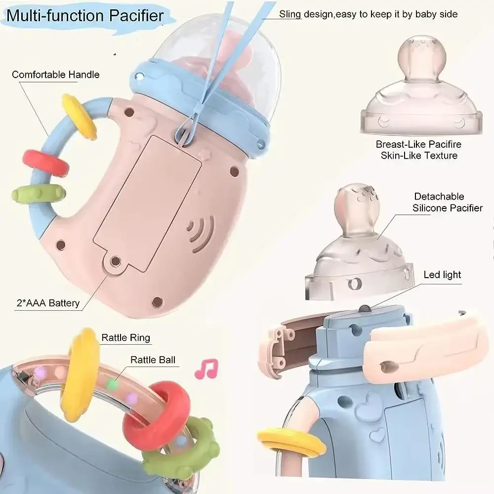 Educational Baby Teether Rattle with Nipple Chain Multi-functional Musical Teether Bottle Shape with Lights Teething