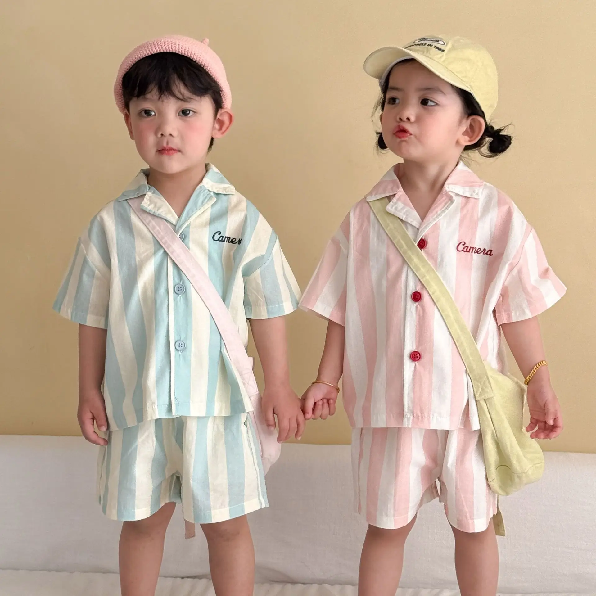 2026 Summer New Children Short Sleeve Pajamas Two-piece Set Boys Girls Lapel Shirts + Shorts 2pcs Suit Toddler Homewear Outfits