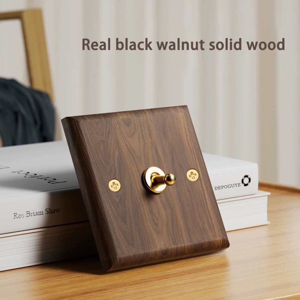 Black Retro Walnut Wall Toggle Switch Panel 1-4Gang 2Way Solid Wood Double EU/FR Socket Universal Usb C Electrical Power Outlet - Image 5