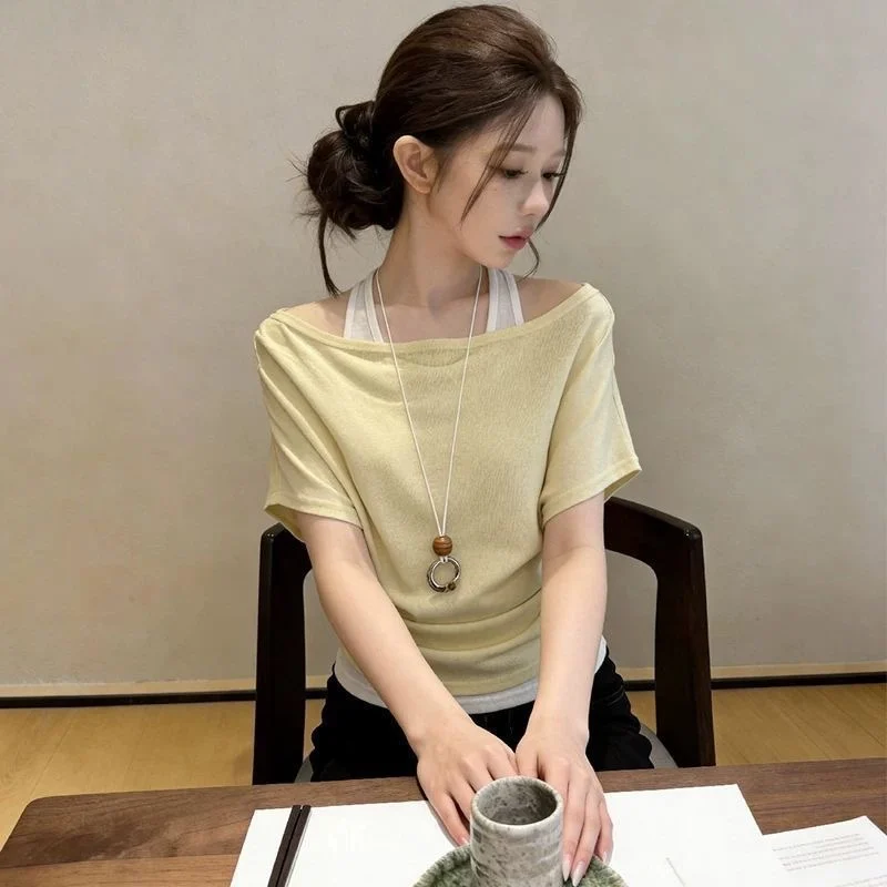 plus Size Women's Casual Style Batwing Sleeve T-Shirt Neck Hanging Design Slimming Waist Effect Short Sleeve Top