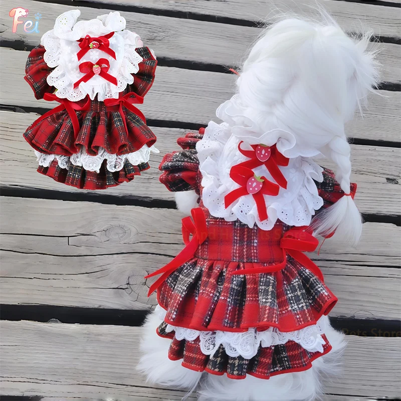 

Luxury Lolita Pet Dog Clothes Red Plaid Lace Princess Dress Handmade Apparel Costume for Dog Small Medium Pets Dogs Dog Clothing