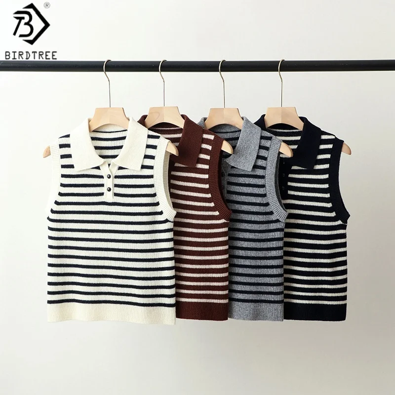 

Birdtree 100% Sheep Wool Knited Stripe Vest,Woman Contrast Color Polo Collar Sleeveless Button 2025 Autumn Waistcoat T59424JF