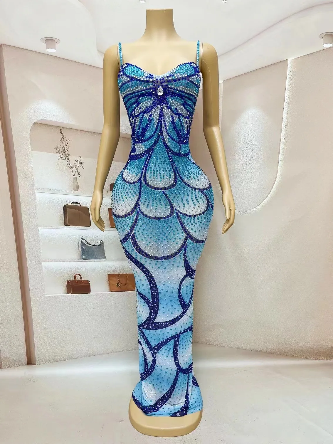 Strape Blue Mermaid Evening Party drag costume sexy festival show costumes evening dress Birthday Special Ocassion