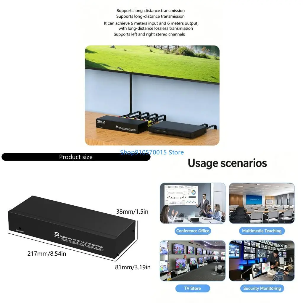 B95C 8-way Composite RCA AV Splitter 1X8 Video 1 in 8 out Selector Box Splitter Distributor for STB DVD HDTV