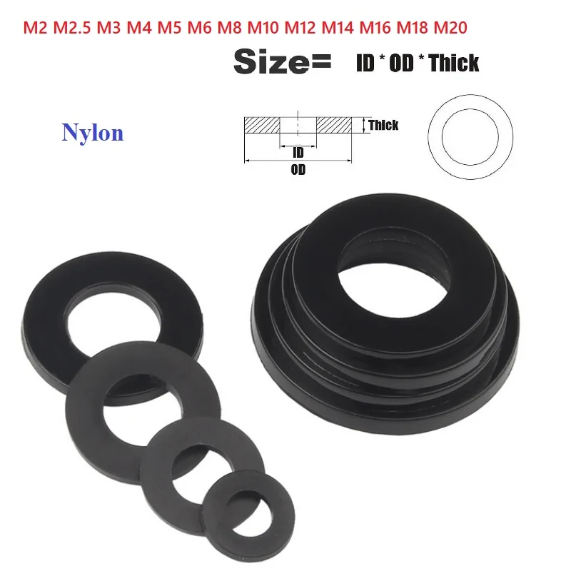 Black Nylon Plastic Flat Washer Plane Spacer Insulation Seals Gasket Ring M2 M2.5 M3 M4 M5 M6 M8 M10 M12 M14 M16 M18 M20