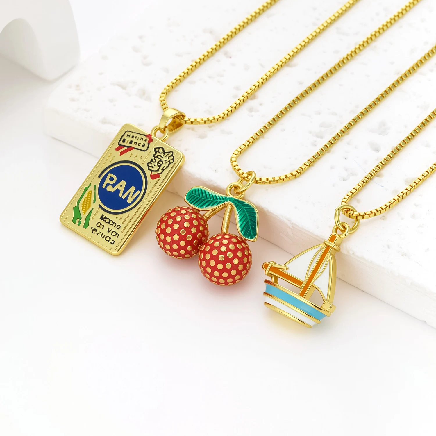 Nidin Vintage Enamel Charm Necklace For Women Box Chain Cute Fruit Cherry Sailboat PAN Rectangle Tag Pendant Daily Wear Jewelry
