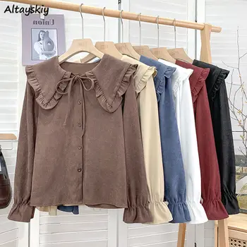 여성용 귀여운 셔츠, 루즈 S-3XL 로리타, 스위트 걸, 프레피 붕대, 피터 팬 칼라, 프릴, 하라주쿠, 6 색 시크