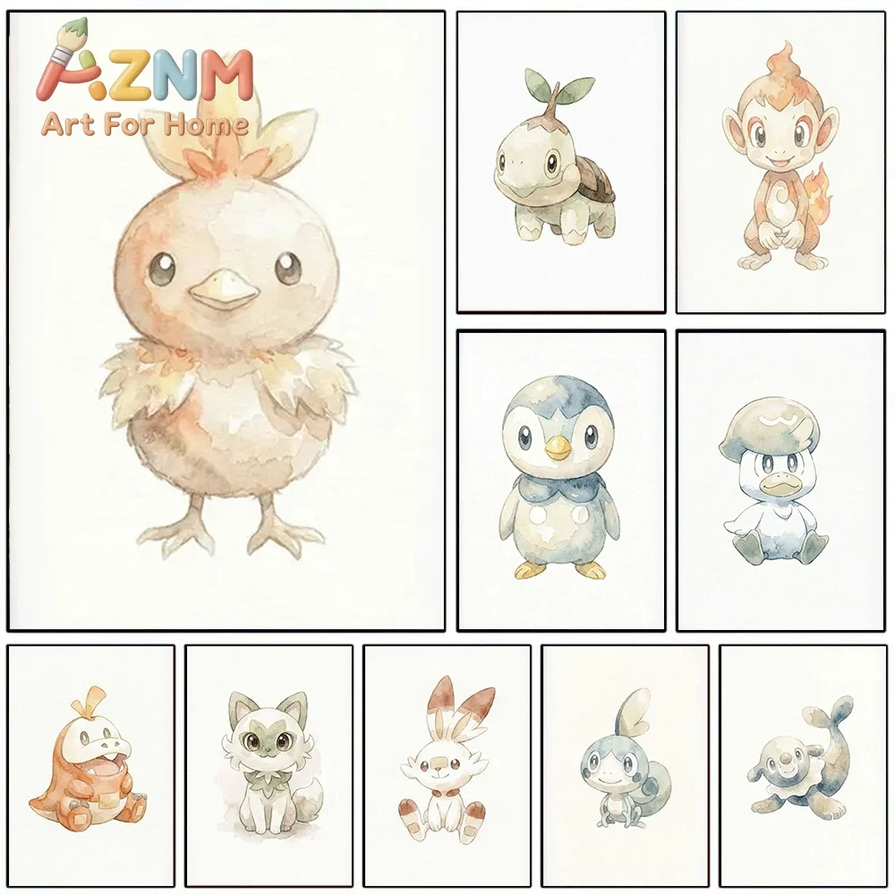 2D Flat Posters & Prints,Torchic Watercolor Style Canvas Wall Art,2D Flat Frameless Anime Monster Print,Home Decor for Kids Be