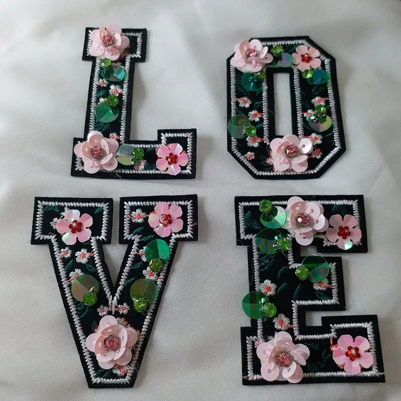 Fashion Love Letters rhinestone beaded patches for clothing Sew on sequin patch applique embroidery parche for jackets