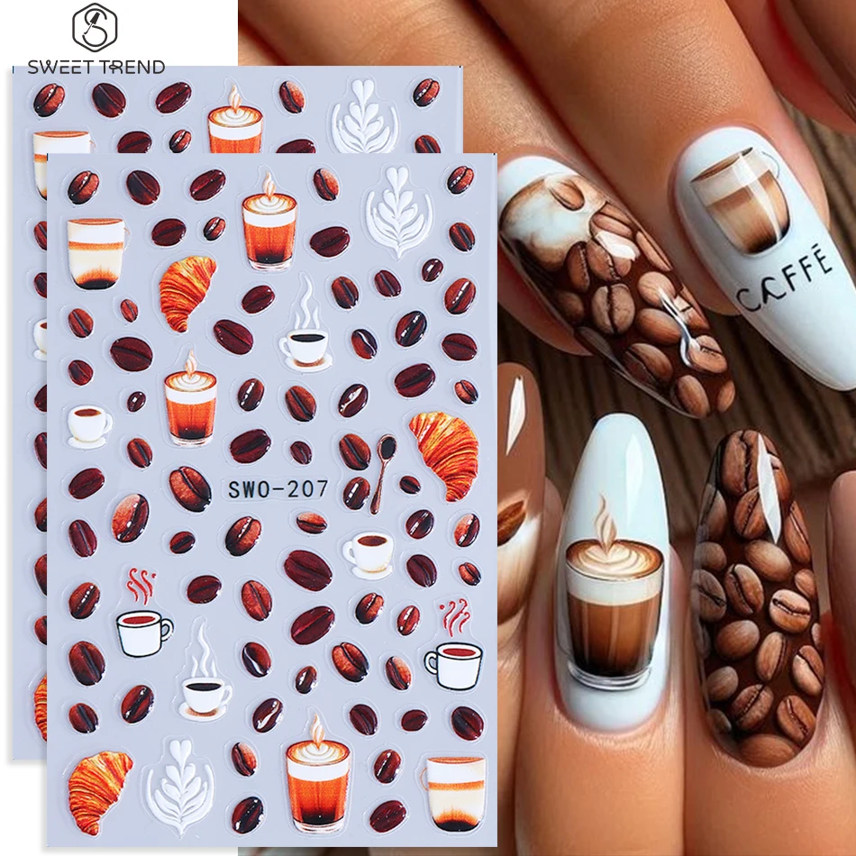 2 Stück Kaffee-Nagelaufkleber Latte-Tasse Croissant Kaffeebohne Geprägte Selbstklebende Nagelsticker Herbstbraun Maniküre-Dekoration