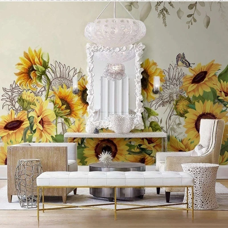 Modern Hand-Painted Sunflower Oil Painting Wallpaper Custom Size Floral Mural for Living Room Bedroom Wall Art Decor Background