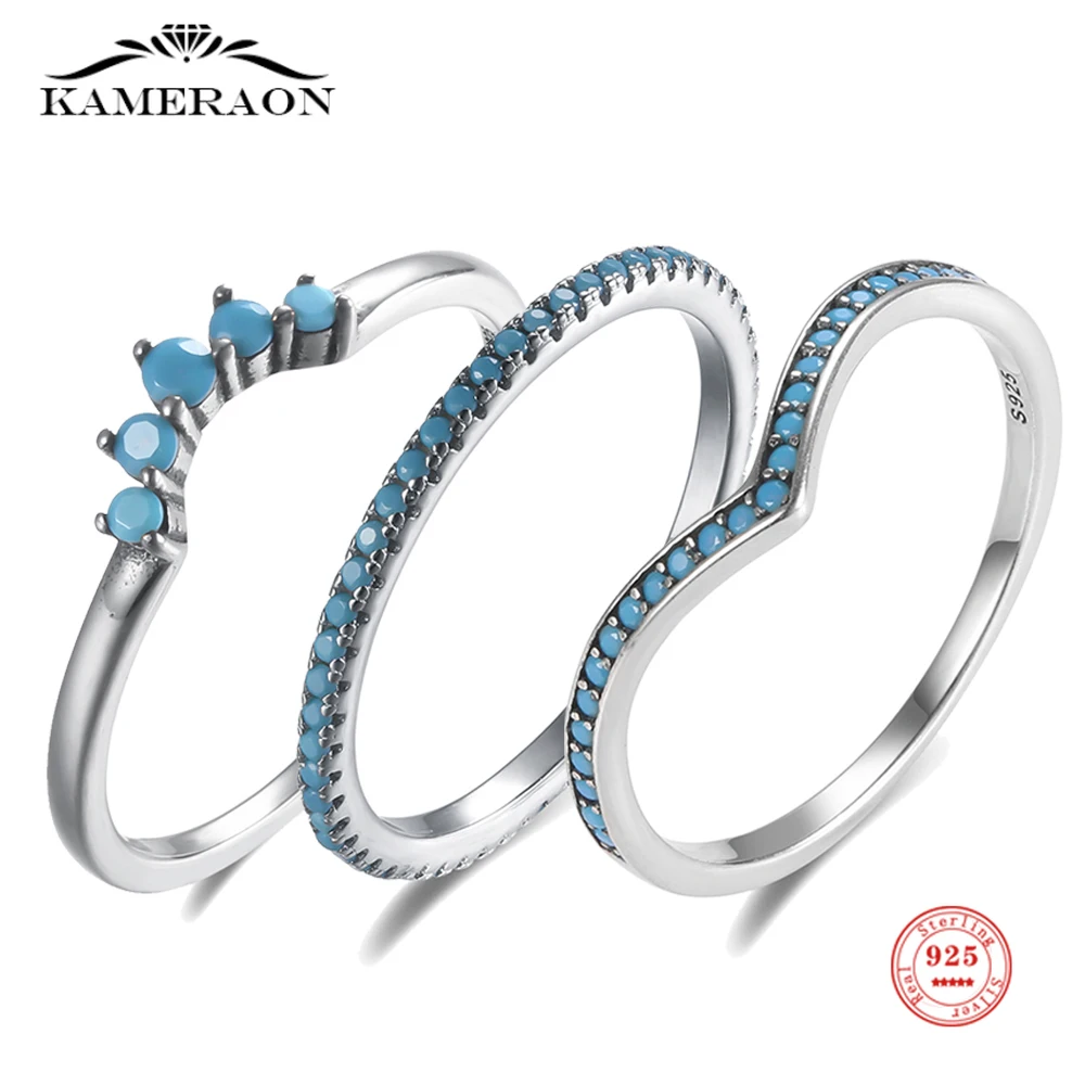 Kameraon Genuine Blue CZ Ring 925 Sterling Silver Simple Finger Ring for Women Stone Anillos Fine Jewelry Party Gift Set