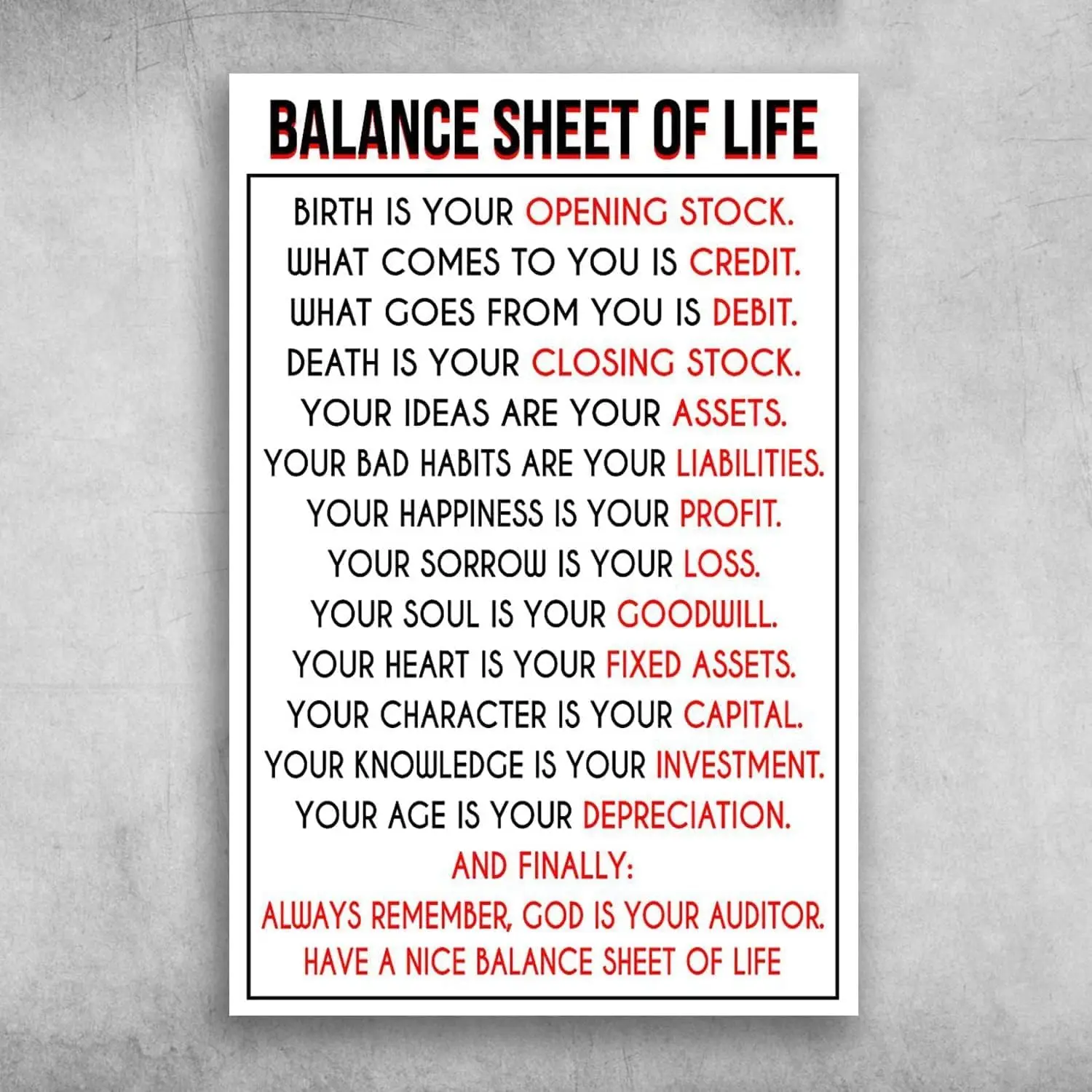 Balance Sheet of Life Birth is Your Opening Stock for Street Garage Family Cafe Bar Farm Country Bathroom Wall Decoration C sign