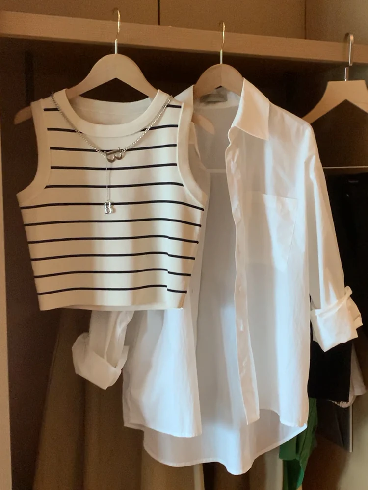 

Женская вязаная майка в полоску с круглым вырезом, летняя, для многослойных образов, базовая, для повседневной носки, для активного отдыха