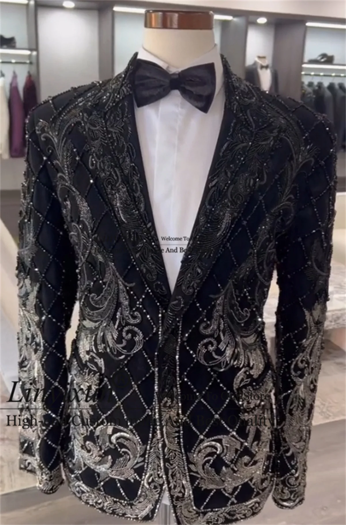 Sparkly Embroidery Crystals Men Suits Slim Fit Groom Wear Tuxedos 2 Pieces Sets Male Blazers Customized Slim Wedding Ropa Hombre