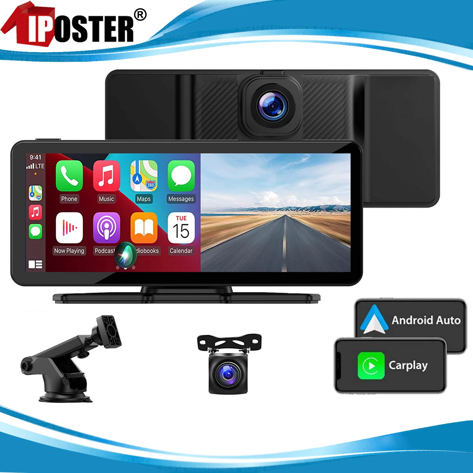 iPoster 10.26 Inch Dash Cam Wireless CarPlay & Android Auto FM Bluetooth Audio Car DVR  GPS Video Recorder Rear Camera 12v