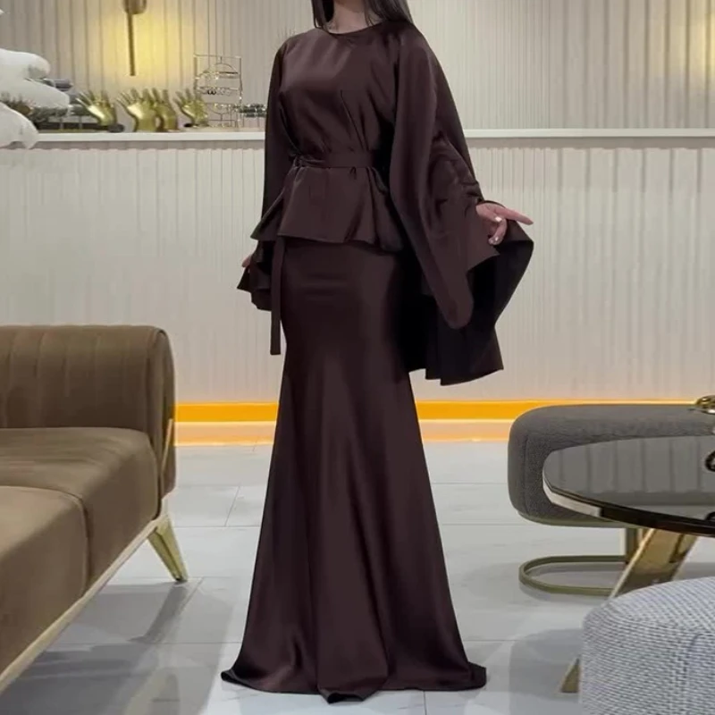 

Осень 2024, новая женская одежда, однотонный комплект из двух предметов со шнуровкой на талии, тонкий топ и длинная юбка