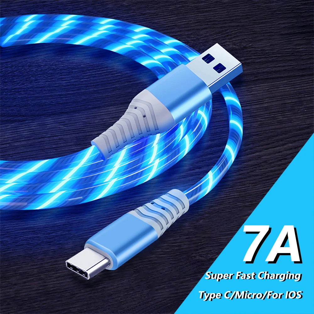 

Flowing Streamer Cable 100W Glowing LED Cable 7A Micro USB Type C Data Cable USB C Cord Fast Charging for Huawei Xiaomi Samsung