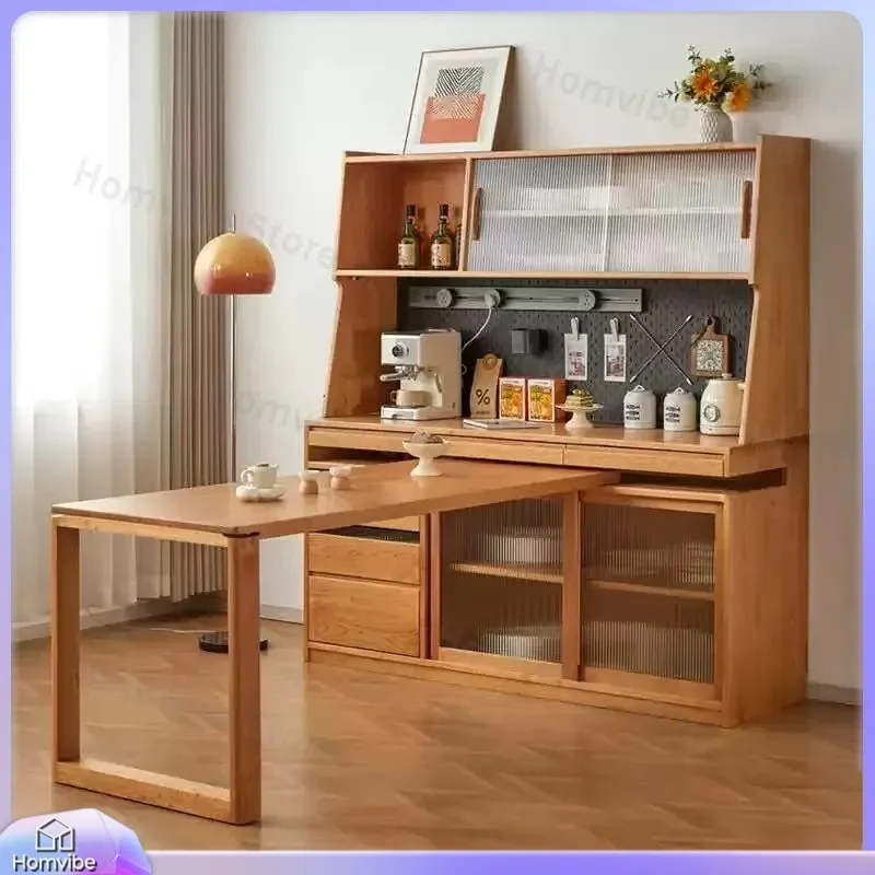 Nordic Cherry Wood Dining Sideboard Modern Simple Push Pull Retractable Table Integrated Wall Storage Cabinet Kitchen