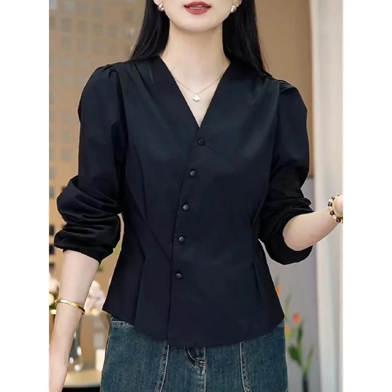 

Рубашка с v-образным вырезом и длинными рукавами, однотонный топ с поясом, осенний удобный модный и повседневный темпераментный ретро