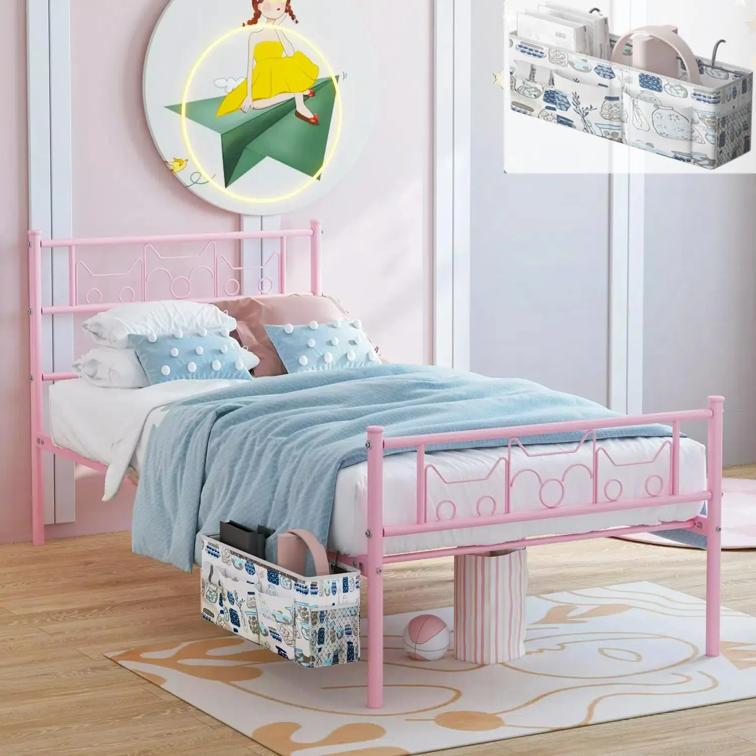 

Pink Twin Bed Frames For Girls - Press Twin Metal Platform Bed Frame With Bedside Storage Bag - Mattress Foundation Support