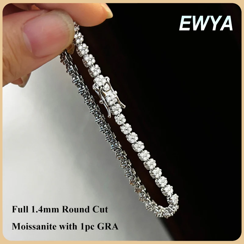 

EWYA 4-Stone Full 1.4mm Round Cut Moissanite Tennis Bracelet GRA Certified Lab Diamond 925 Silver Link Bracelets for Women Man