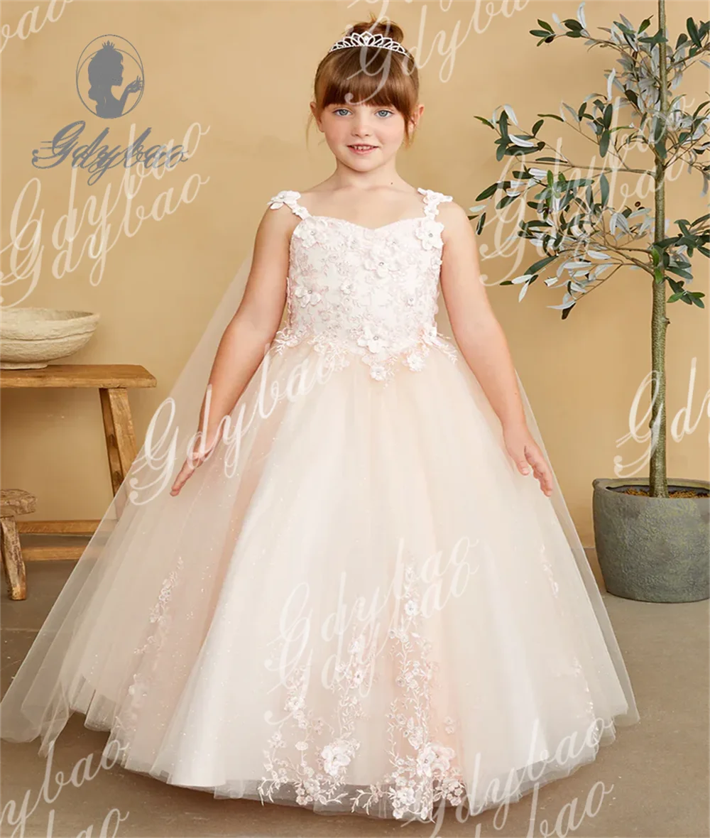 Light Champagne Tulle Prom Flower Girl Dress For Wedding  Applique Elegant Baby Kids Birthday Party Ball First Baptism Gowns