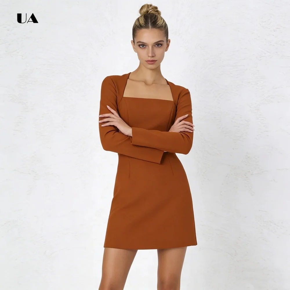 

Simple Fit-and-flare Mini Dress with Long Sleeves, Solid Trapeze Evening Dresses for Women, Classic Customized Party Gown