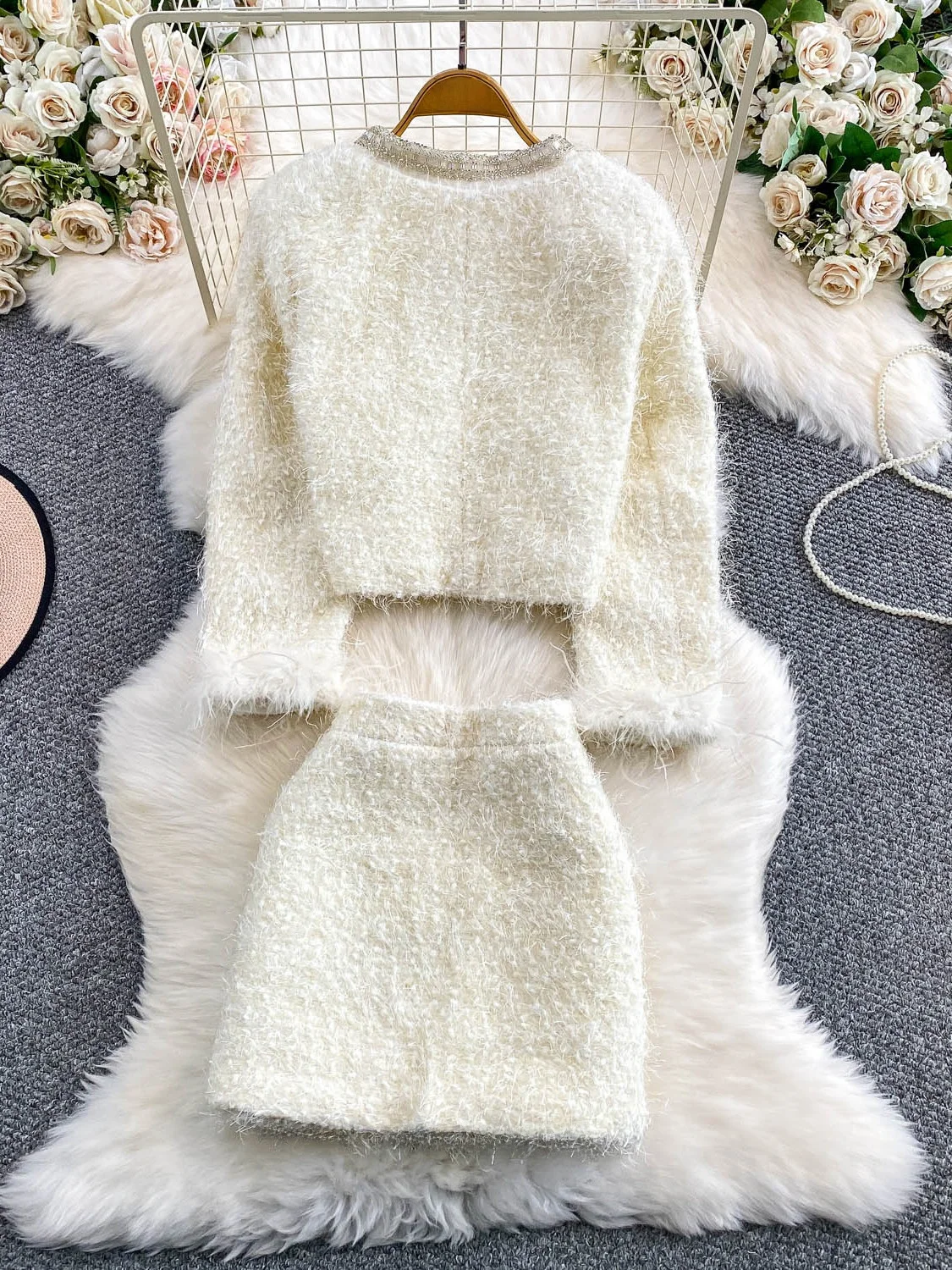  Embroidered Bead Diamond Patchwork Fringe Sve Outerwear ort Skirt Two-Piece Set Winter Faion Youthful Sle