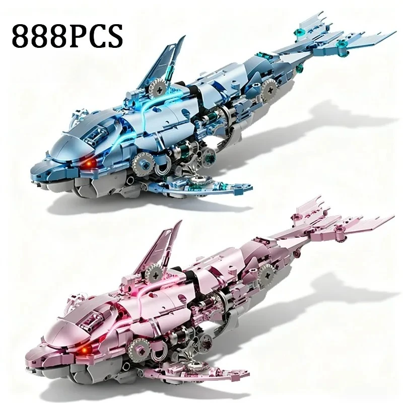 

888PCS Creative Pink and Blue Mechanical Dolphin Building Blocks Can Light Up Construction Bricks Toy Gift For Children Adult