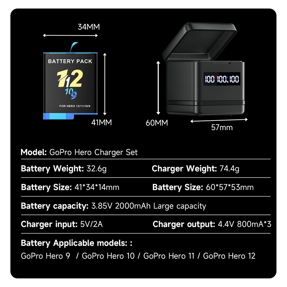 Аккумуляторная батарея Palo 3,85 В, 2000 мАч для GoPro, подходит для GoPro 12/11/10/9, аккумуляторы для камеры со светодиодным зарядным устройством