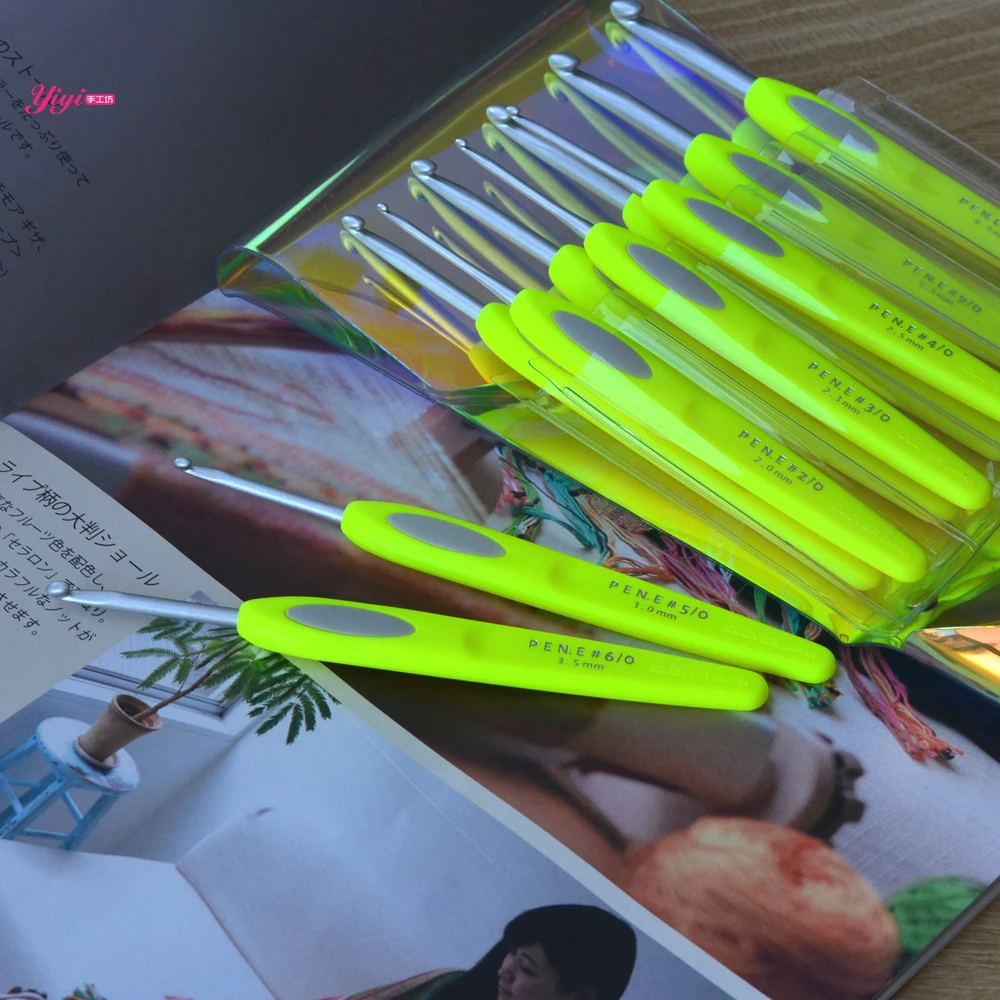 Japan CLOVER Limited edition Fluorescent yellow crochet hook suit 43-608  ganchillo NO.2/3/4/5/6/7/7.5/8/9/10 PEN.E