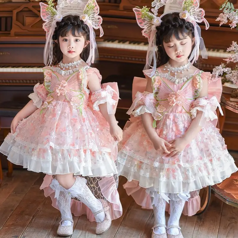 Girls Spanish Backless Suspenders Floral Pink Butterfly Dresses Toddler Princess Lolita Ball Gown Infant Birthday Party Clothes