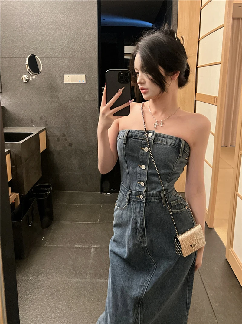 Sleeveless Bra Denim Dress Women\'s Single Breasted Back Pleated Waist Long Vestidos Blue High Waisted Slim Fit Denim Dresses