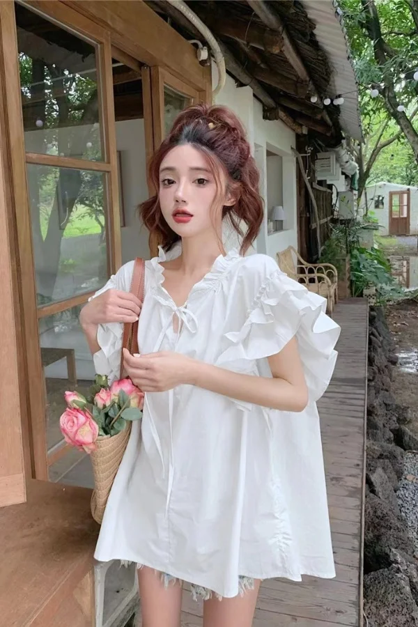 

Plus Size French Style Peplum Blouse Summer Flutter Sleeve Pullover Top Women Loose Fit Tunic Shirt Slimming Chic Female Clothes